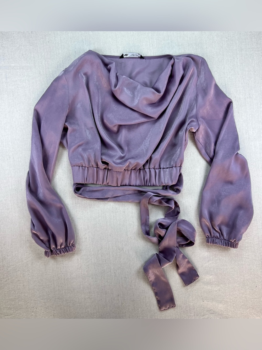 Women's Lavender Ballet Core Long Sleeve Cowl Neck Cropped Blouse Tie Waist -M